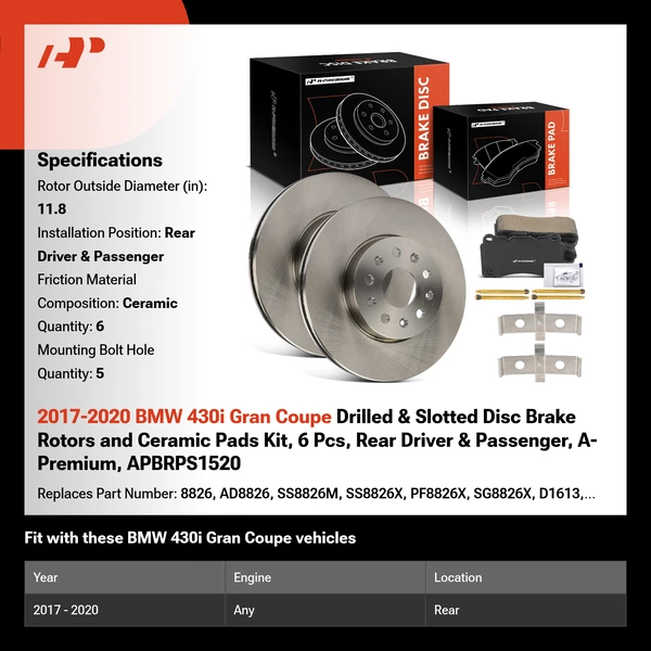 2017-2020 BMW 430i Gran Coupe Drilled & Slotted Disc Brake Rotors and Ceramic Pads Kit, 6 Pcs, Rear Driver & Passenger, A-Premium, APBRPS1520