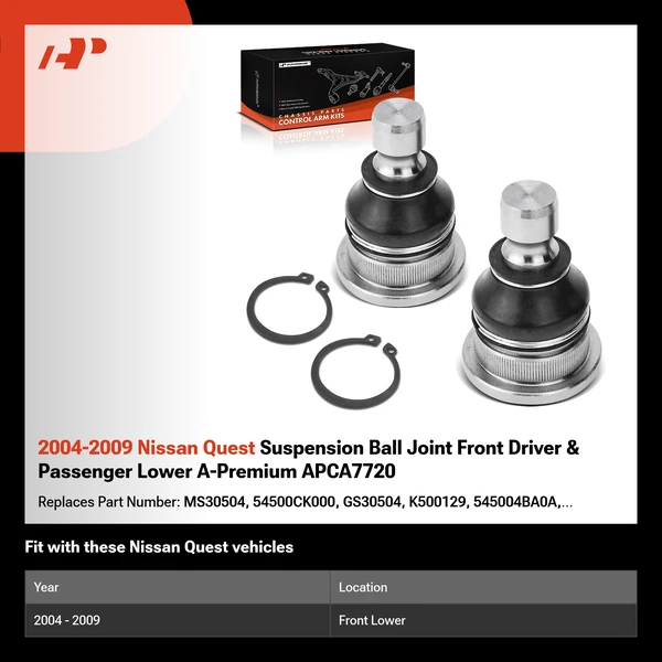 2004-2009 Nissan Quest Suspension Ball Joint Front Driver & Passenger Lower A-Premium APCA7720