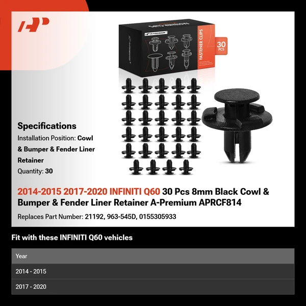 2014-2015 2017-2020 INFINITI Q60 30 Pcs 8mm Black Cowl & Bumper & Fender Liner Retainer A-Premium APRCF814