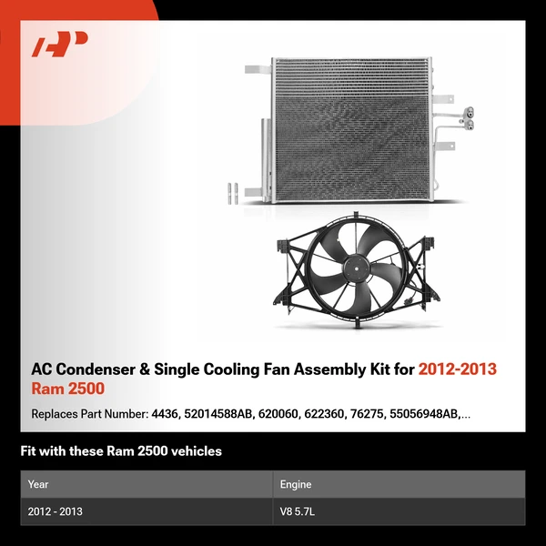 AC Condenser & Single Cooling Fan Assembly Kit for 2012-2013 Ram 2500