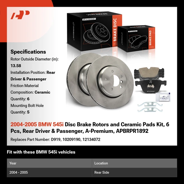 2004-2005 BMW 545i Disc Brake Rotors and Ceramic Pads Kit, 6 Pcs, Rear Driver & Passenger, A-Premium, APBRPR1892