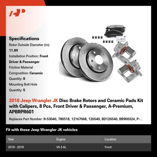 2018 Jeep Wrangler JK Disc Brake Rotors and Ceramic Pads Kit with Calipers, 8 Pcs, Front Driver & Passenger, A-Premium, APBRPR601
