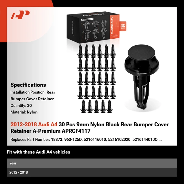 2012-2018 Audi A4 30 Pcs 9mm Nylon Black Rear Bumper Cover Retainer A-Premium APRCF4117