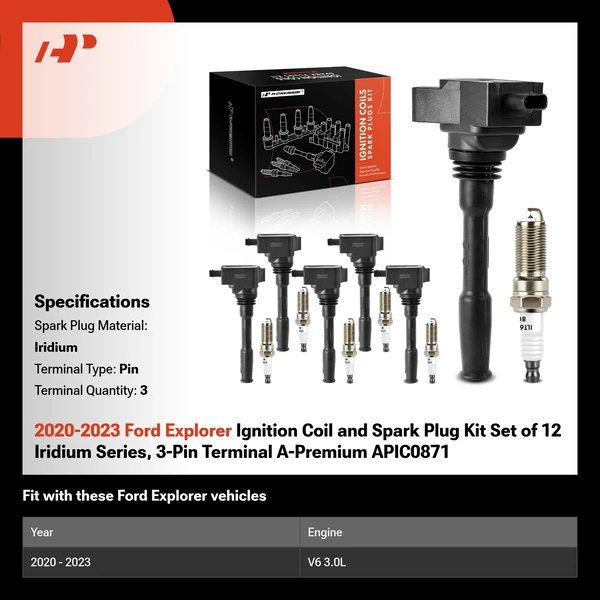 2020-2023 Ford Explorer Ignition Coil and Spark Plug Kit Set of 12 Iridium Series, 3-Pin Terminal A-Premium APIC0871