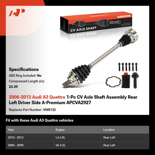 2006-2013 Audi A3 Quattro 1-Pc CV Axle Shaft Assembly Rear Left Driver Side A-Premium APCVA2927