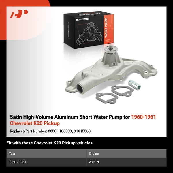 Satin High-Volume Aluminum Short Water Pump for 1960-1961 Chevrolet K20 Pickup