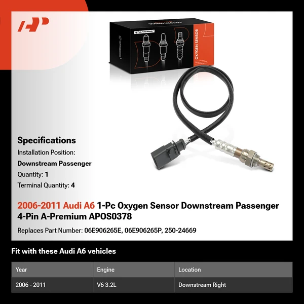 2006-2011 Audi A6 1-Pc Oxygen Sensor Downstream Passenger 4-Pin A-Premium APOS0378