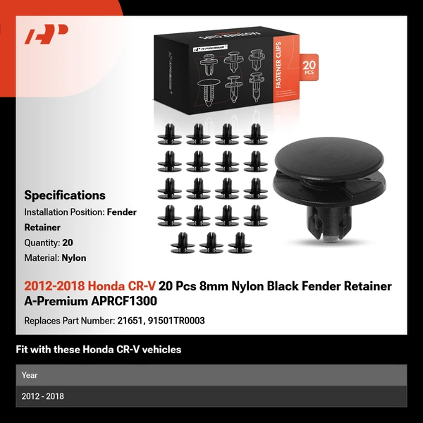 2012-2018 Honda CR-V 20 Pcs 8mm Nylon Black Fender Retainer A-Premium APRCF1300