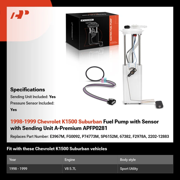 1998-1999 Chevrolet K1500 Suburban Fuel Pump with Sensor with Sending Unit A-Premium APFP0281