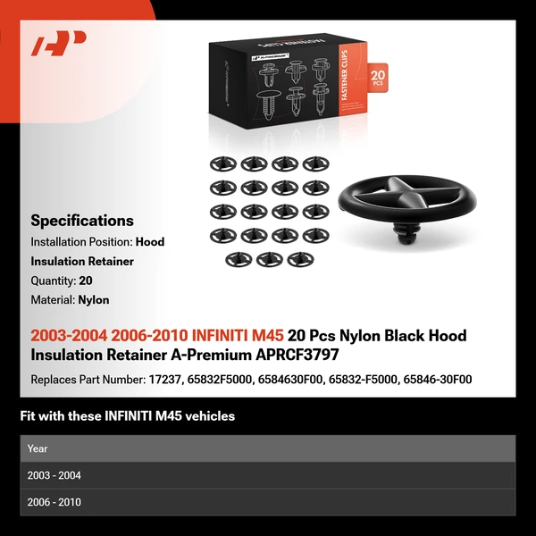 2003-2004 2006-2010 INFINITI M45 20 Pcs Nylon Black Hood Insulation Retainer A-Premium APRCF3797