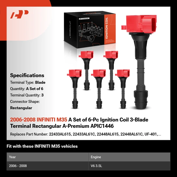 2006-2008 INFINITI M35 A Set of 6-Pc Ignition Coil 3-Blade Terminal Rectangular A-Premium APIC1446