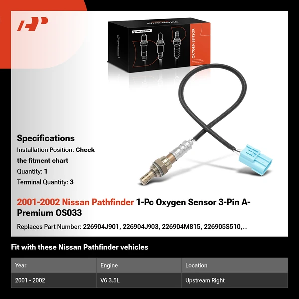 2001-2002 Nissan Pathfinder 1-Pc Oxygen Sensor 3-Pin A-Premium OS033