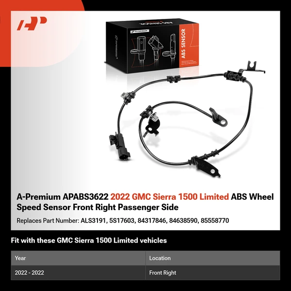 A-Premium APABS3622 2022 GMC Sierra 1500 Limited ABS Wheel Speed Sensor Front Right Passenger Side