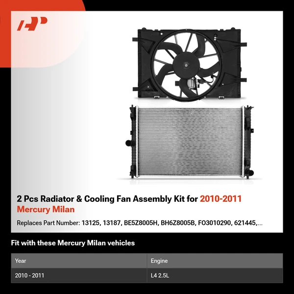 2 Pcs Radiator & Cooling Fan Assembly Kit for 2010-2011 Mercury Milan
