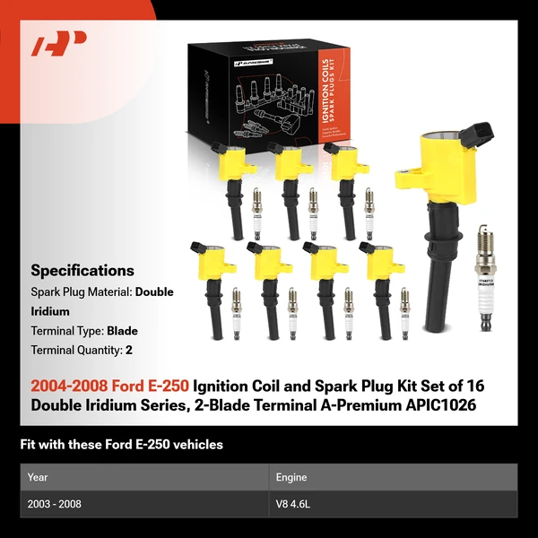 2004-2008 Ford E-250 Ignition Coil and Spark Plug Kit Set of 16 Double Iridium Series, 2-Blade Terminal A-Premium APIC1026