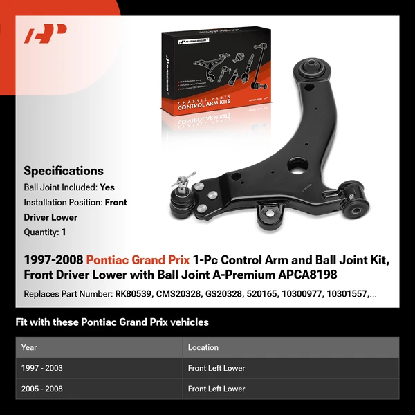 1997-2008 Pontiac Grand Prix 1-Pc Control Arm and Ball Joint Kit, Front Driver Lower with Ball Joint A-Premium APCA8198