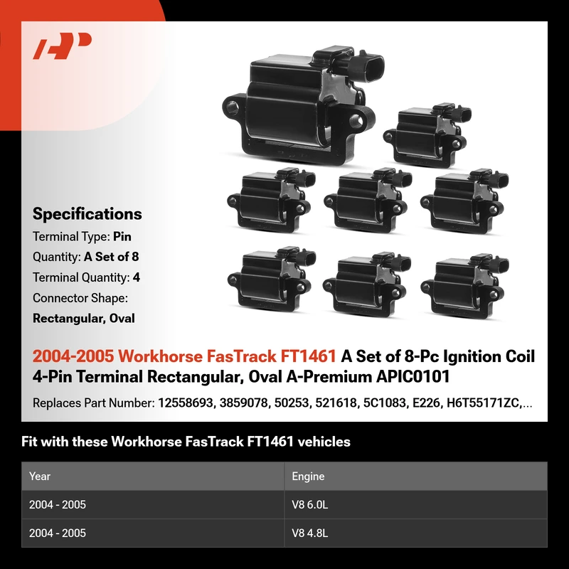 2004-2005 Workhorse FasTrack FT1461 A Set of 8-Pc Ignition Coil 4-Pin Terminal Rectangular, Oval A-Premium APIC0101