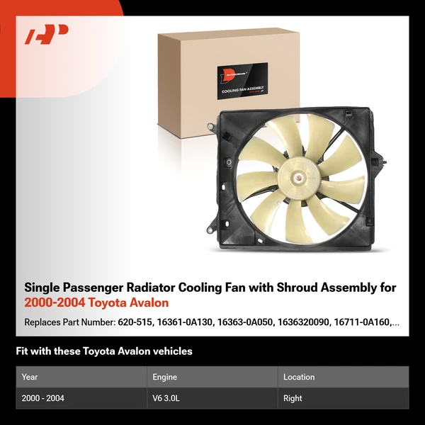 Single Passenger Radiator Cooling Fan with Shroud Assembly for 2000-2004 Toyota Avalon