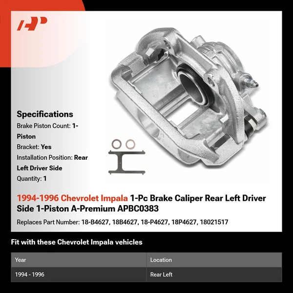 1994-1996 Chevrolet Impala 1-Pc Brake Caliper Rear Left Driver Side 1-Piston A-Premium APBC0383