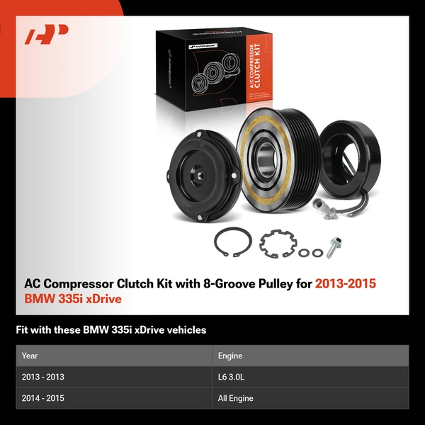 AC Compressor Clutch Kit with 8-Groove Pulley for 2013-2015 BMW 335i xDrive