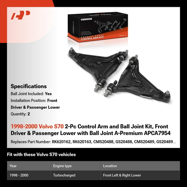 1998-2000 Volvo S70 2-Pc Control Arm and Ball Joint Kit, Front Driver & Passenger Lower with Ball Joint A-Premium APCA7954