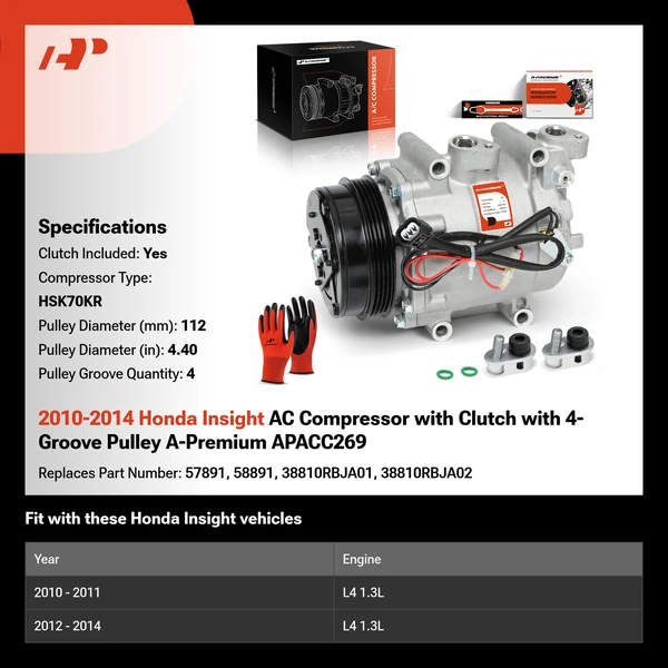 2010-2014 Honda Insight AC Compressor with Clutch with 4-Groove Pulley A-Premium APACC269