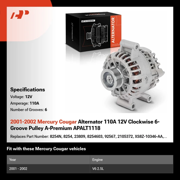 2001-2002 Mercury Cougar Alternator 110A 12V Clockwise 6-Groove Pulley A-Premium APALT1118