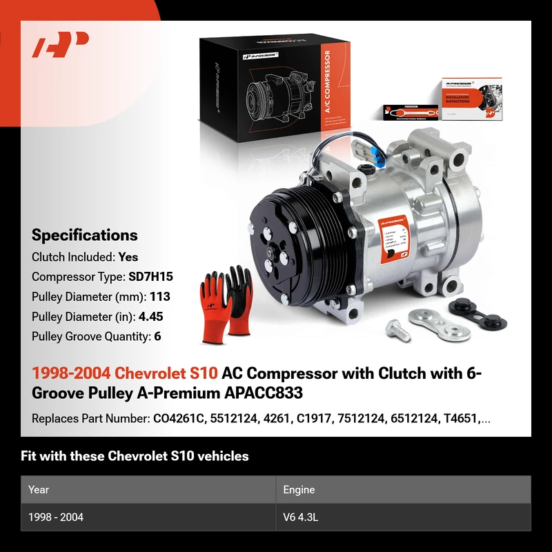 1998-2004 Chevrolet S10 AC Compressor with Clutch with 6-Groove Pulley A-Premium APACC833
