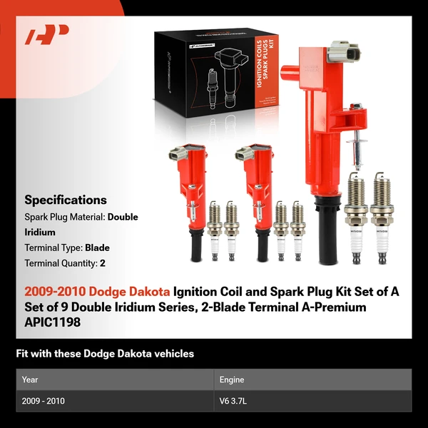 2009-2010 Dodge Dakota Ignition Coil and Spark Plug Kit Set of A Set of 9 Double Iridium Series, 2-Blade Terminal A-Premium APIC1198