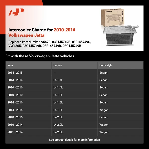 Intercooler Charge for 2010-2016 Volkswagen Jetta