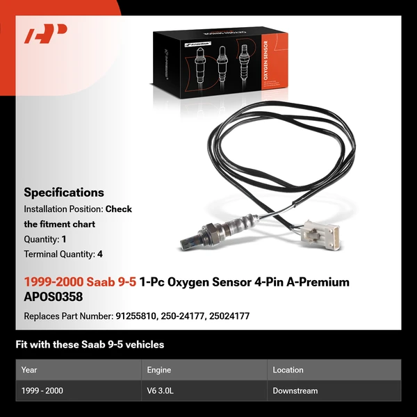 1999-2000 Saab 9-5 1-Pc Oxygen Sensor 4-Pin A-Premium APOS0358