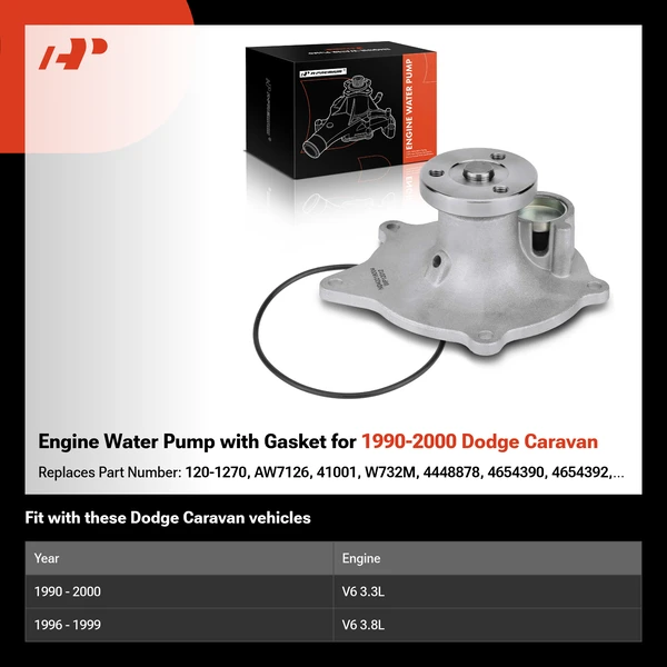 Engine Water Pump with Gasket for 1990-2000 Dodge Caravan