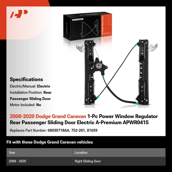 2008-2020 Dodge Grand Caravan 1-Pc Power Window Regulator Rear Passenger Sliding Door Electric A-Premium APWR0415
