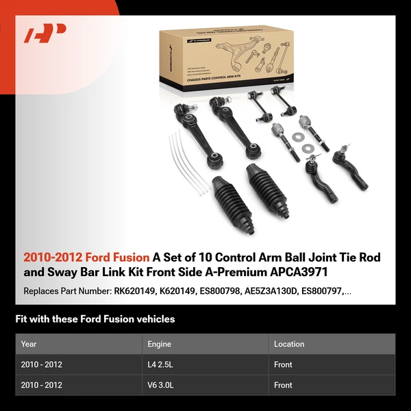 2010-2012 Ford Fusion A Set of 10 Control Arm Ball Joint Tie Rod and Sway Bar Link Kit Front Side A-Premium APCA3971