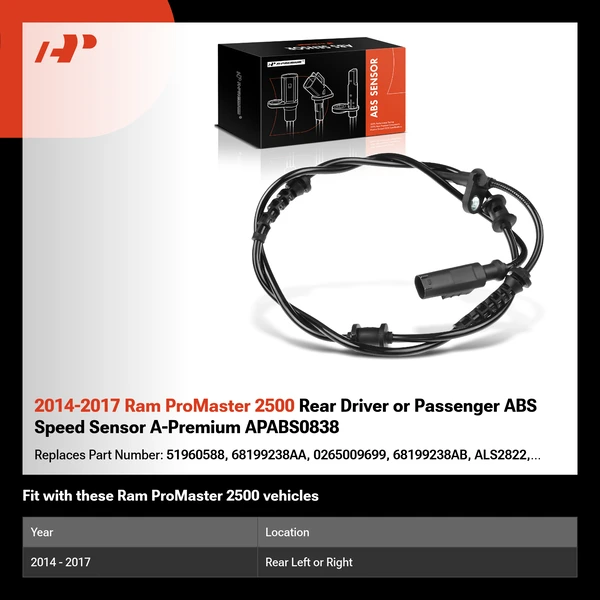 2014-2017 Ram ProMaster 2500 Rear Driver or Passenger ABS Speed Sensor A-Premium APABS0838