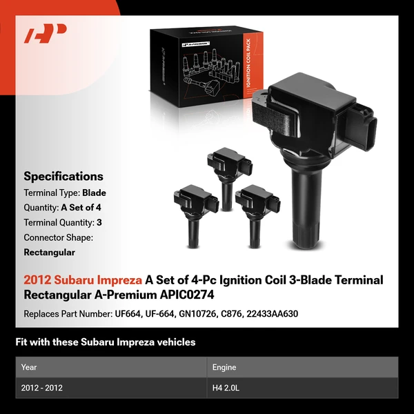 2012 Subaru Impreza A Set of 4-Pc Ignition Coil 3-Blade Terminal Rectangular A-Premium APIC0274