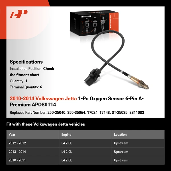 2010-2014 Volkswagen Jetta 1-Pc Oxygen Sensor 6-Pin A-Premium APOS0114