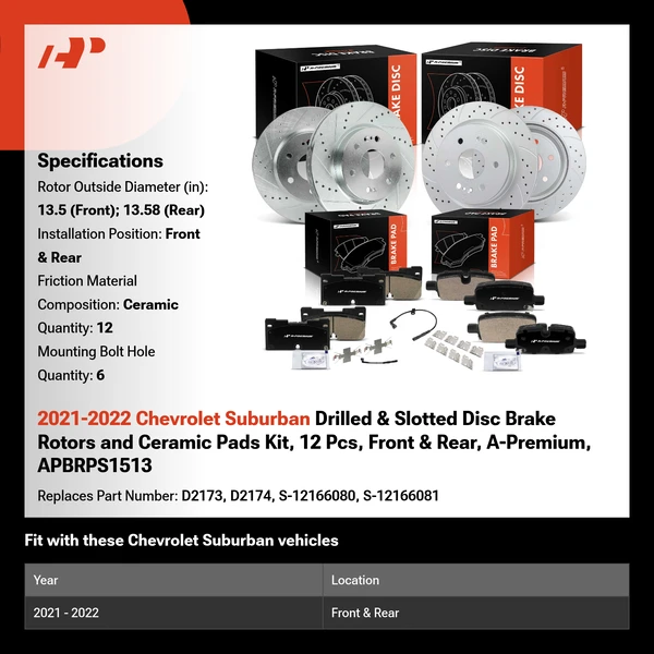 2021-2022 Chevrolet Suburban Drilled & Slotted Disc Brake Rotors and Ceramic Pads Kit, 12 Pcs, Front & Rear, A-Premium, APBRPS1513