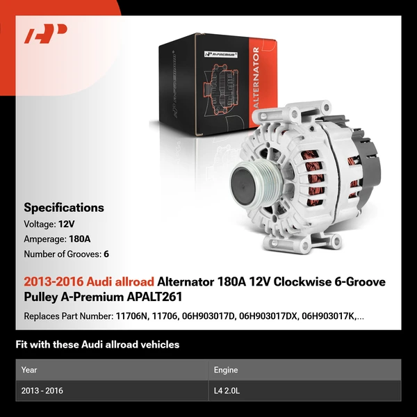 2013-2016 Audi allroad Alternator 180A 12V Clockwise 6-Groove Pulley A-Premium APALT261