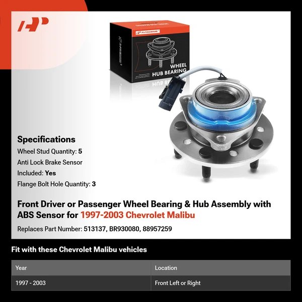 Front Driver or Passenger Wheel Bearing & Hub Assembly with ABS Sensor for 1997-2003 Chevrolet Malibu