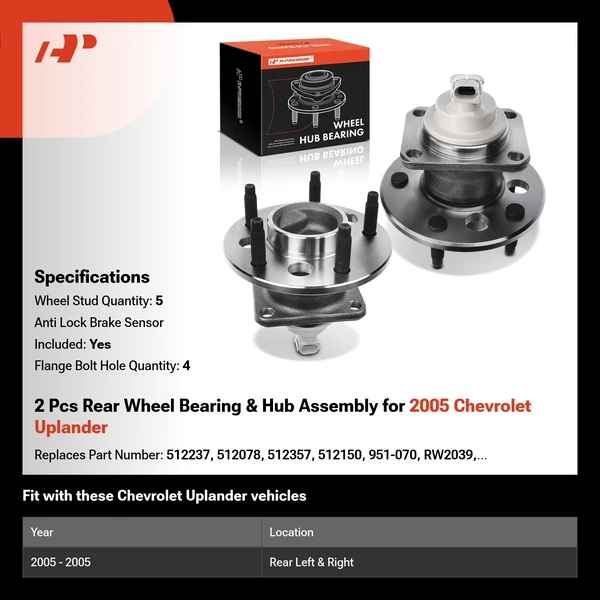 2 Pcs Rear Wheel Bearing & Hub Assembly for 2005 Chevrolet Uplander