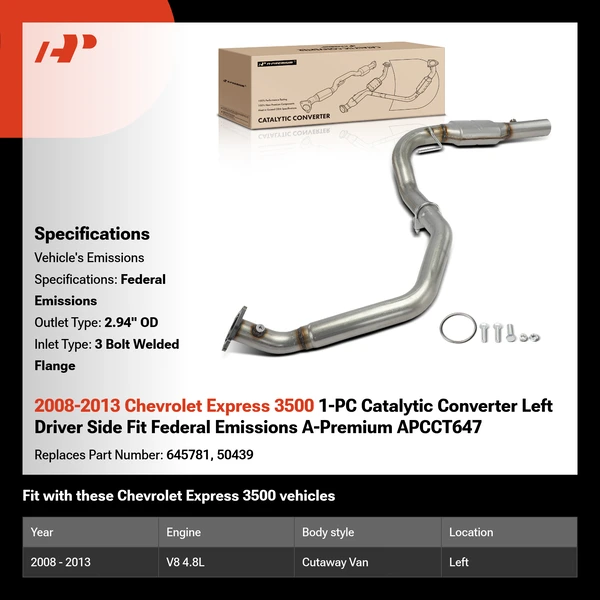 2008-2013 Chevrolet Express 3500 1-PC Catalytic Converter Left Driver Side Fit Federal Emissions A-Premium APCCT647