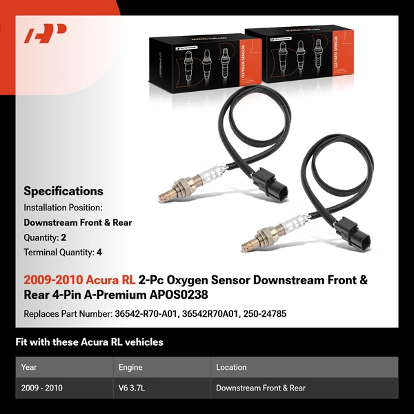 2009-2010 Acura RL 2-Pc Oxygen Sensor Downstream Front & Rear 4-Pin A-Premium APOS0238
