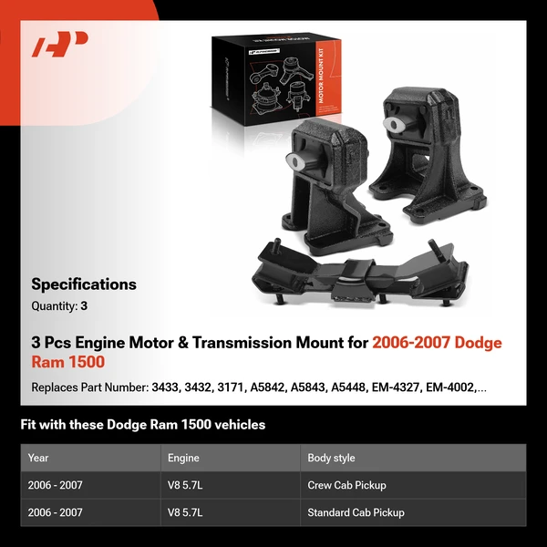 3 Pcs Engine Motor & Transmission Mount for 2006-2007 Dodge Ram 1500