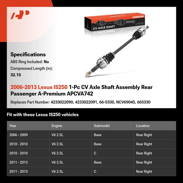 2006-2013 Lexus IS250 1-Pc CV Axle Shaft Assembly Rear Passenger A-Premium APCVA742