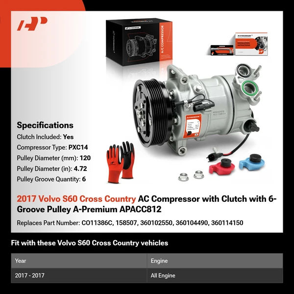 2017 Volvo S60 Cross Country AC Compressor with Clutch with 6-Groove Pulley A-Premium APACC812