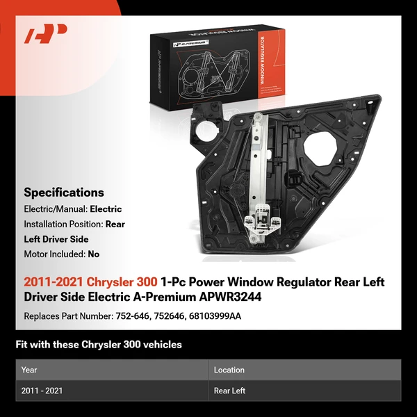 2011-2021 Chrysler 300 1-Pc Power Window Regulator Rear Left Driver Side Electric A-Premium APWR3244