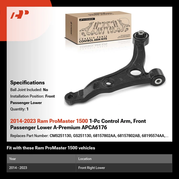 2014-2023 Ram ProMaster 1500 1-Pc Control Arm, Front Passenger Lower A-Premium APCA6176