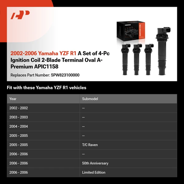 2002-2006 Yamaha YZF R1 A Set of 4-Pc Ignition Coil 2-Blade Terminal Oval A-Premium APIC1158