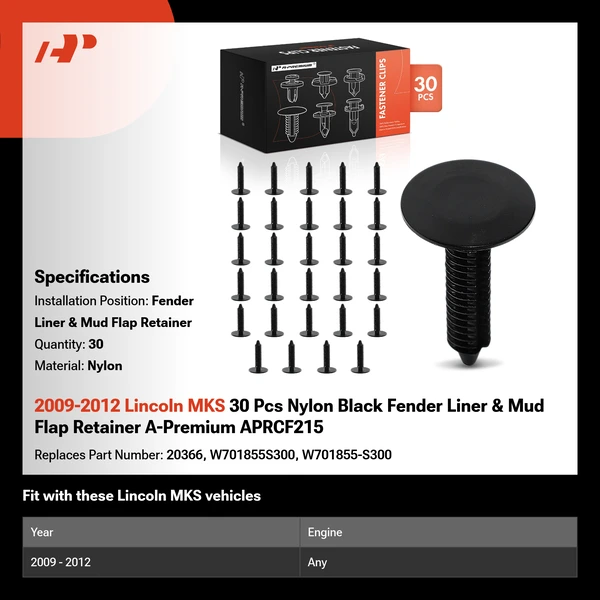 2009-2012 Lincoln MKS 30 Pcs Nylon Black Fender Liner & Mud Flap Retainer A-Premium APRCF215